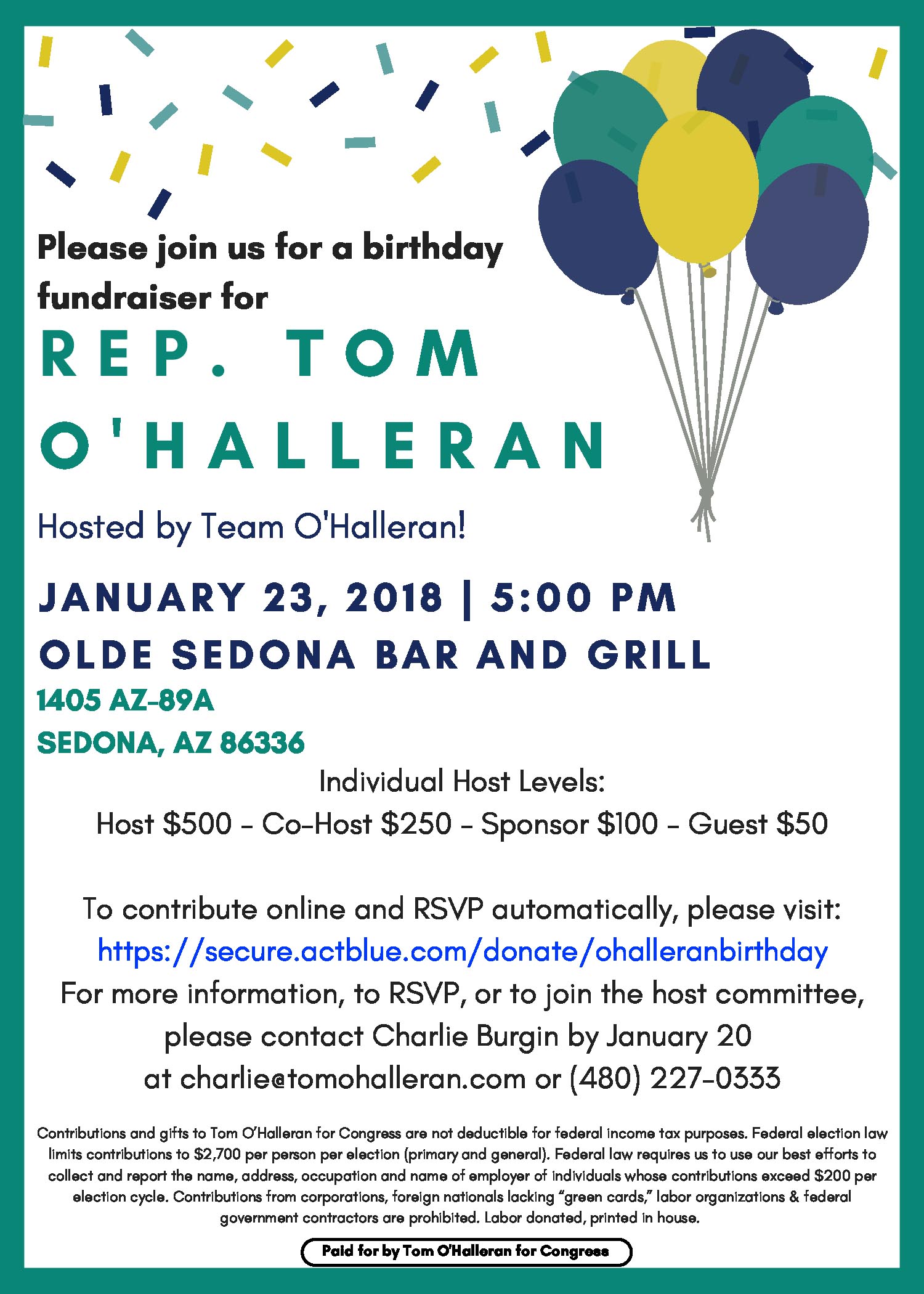 Rep. Tom O'Halleran's Birthday Celebration @ Olde Sedona Bar and Grill