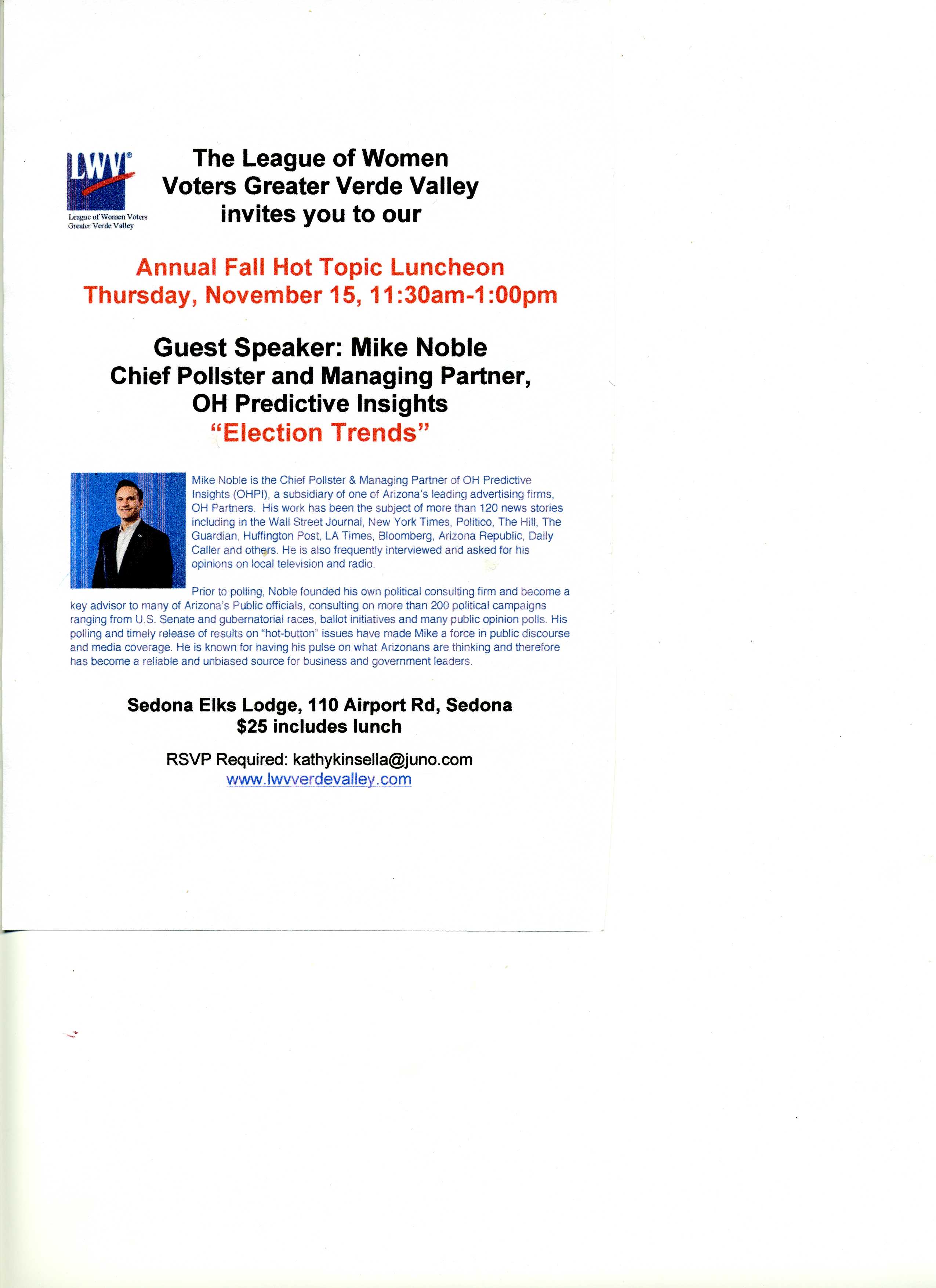 LWVVV Fall Luncheon - Mike Noble @ Sedona Elks Lodge