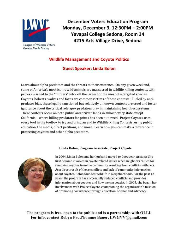 LWV - Wildlife Management and Coyote Politics @ Yavapai College Sewdona, room 34