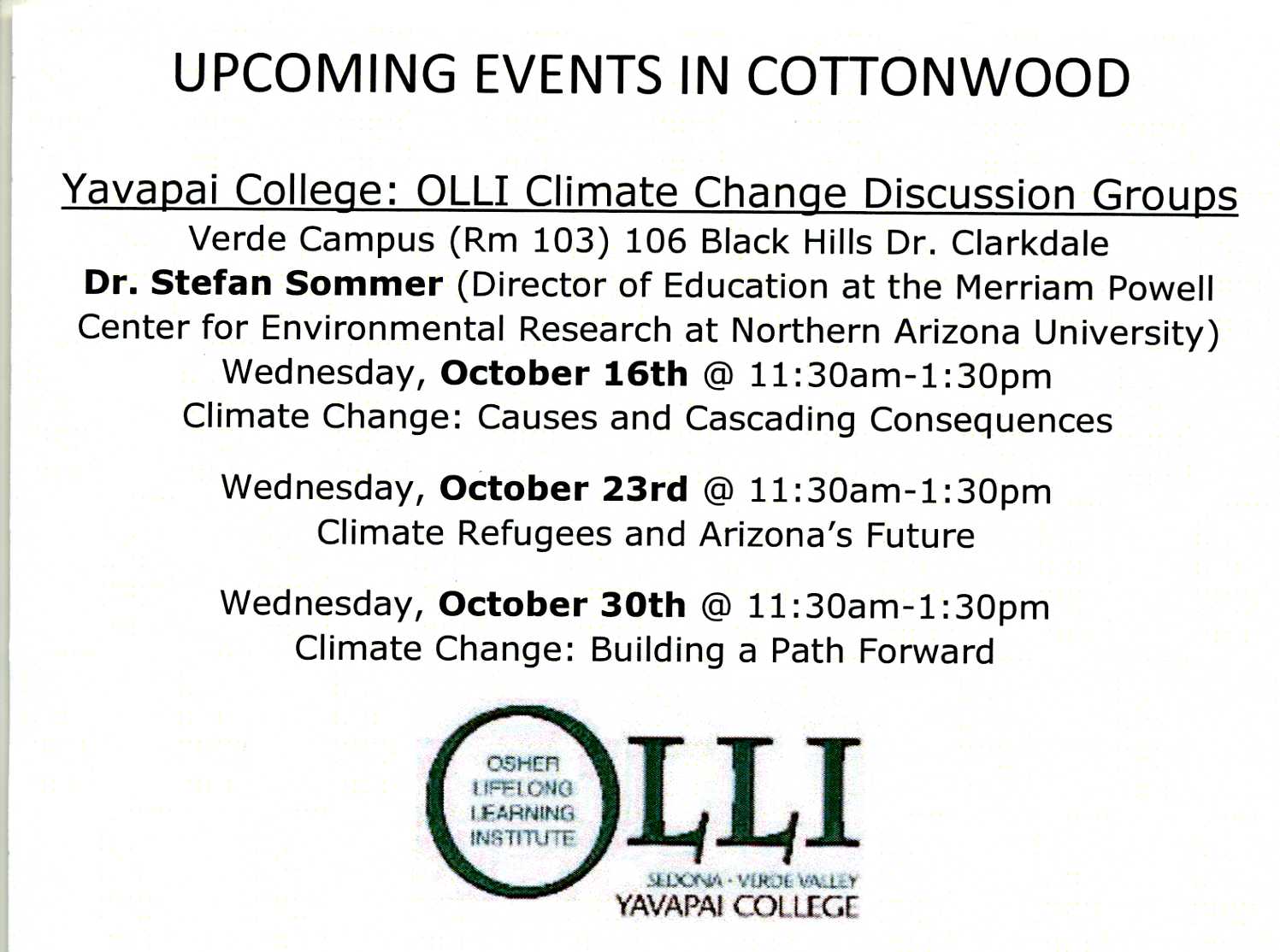 OLLI - Cottonwood Events - Climate Change @ Yavapai College, Verde Campus